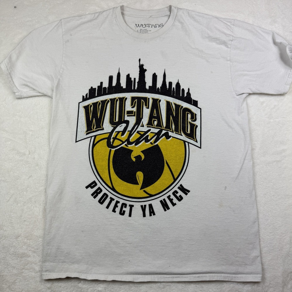 Wu-Tang Clan Protect Ya Neck Graphic T-Shirt Medium White STAINED